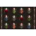 A pattern of twelve snowmen in colorful hats and scarves, arranged in a grid on a dark background.