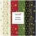 A collection of holiday-themed fabric swatches in green, red, black, gold, and cream patterns.