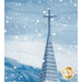 A close up on the snowy landscape of the panel featuring a church steeple topped with a cross against a blue sky.