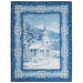 A quilt featuring a snowy church scene framed by blue and white patterns, set in a winter landscape isolated on a white background