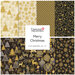 Collage of festive fabrics in gold and black featuring Christmas trees, ornaments, and snowflakes.
