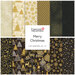 Collage of festive fabrics in gold and black featuring Christmas trees, ornaments, and snowflakes.