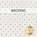 A swatch of cream fabric with a lattice pattern of blue dots with scattered red and blue stars between. A faded navy banner at the top reads 