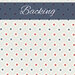 A swatch of cream fabric with a lattice pattern of blue dots with scattered red and blue stars between. A faded navy banner at the top reads 