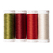 Four spools of olive green, red, and cream thread isolated on a white background.