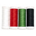 Four spools of thread in white, red, green, and black, isolated on a white background.