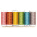 Six spools of thread in shades of pink, burnt orange, yellow, green, blue, and gray, isolated on a white background.