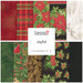 A collage of the red, white, green, and black fabrics with metallic accents included in the Joyful FQ Set.