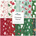 A stacked collage of red, white, aqua, and green Christmas fabrics with a Christmas Flannel tag in the center