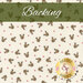 Swatch of cream fabric with tossed red dots and brown reindeer heads. A green banner at the top reads 