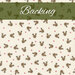 Swatch of cream fabric with tossed red dots and brown reindeer heads. A green banner at the top reads 