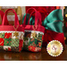 Two tiny patchwork tote bags with red straps and decorative golden charms, displayed on a table and staged with Christmas presents.