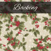 Swatch of cream fabric with white snowflake accents and tossed green and red mistletoe clusters. A charcoal banner at the top reads 