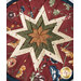 Close up of round hotpad featuring a patchwork star design with floral patterns in red, green, and cream colors.