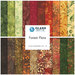 Colorful fabric swatches in various shades of green, red, yellow, and brown, labeled Forest Flora by Island Batik.