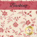 Swatch of a cream fabric with French-inspired red florals and sprawling vines. A red banner at the top reads 