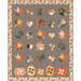 A quilt featuring colorful autumn leaves, hearts, and pumpkins on a gray background with a floral border.