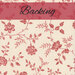 Swatch of a cream fabric with French-inspired red florals and sprawling vines. A red banner at the top reads 