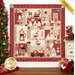 The completed Merry, Merry Snowmen quilt colored in red, cream, and tan from the Rouenneries Trois collection, hung on a white paneled wall and bordered by a decorated Christmas tree and coordinating holiday decor.