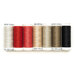 Seven spools of thread in cream, red, pink, ecru, sand, brown, and black, isolated on a white background.