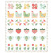 Quilt pattern featuring colorful chickens, strawberries, flowers, and geometric shapes in rows.