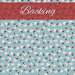 A swatch of sky blue fabric with tiny ditsy snowmen on a pinprick polka dotted background. A red banner at the top reads 