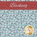 A swatch of sky blue fabric with tiny ditsy snowmen on a pinprick polka dotted background. A red banner at the top reads 