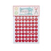 Sheet of red alphabet stickers in circular shapes, titled Sew Handy Stickers, with sewing graphics.