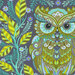 Fabric swatch colorful owls surrounded by vibrant green leaves on a dark background.