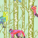 Fabric swatch featuring a whimsical pattern featuring colorful birds and playful animals among pale green birch trees.