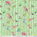 A whimsical pattern featuring colorful birds and playful animals among pale green birch trees.