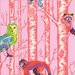 Fabric swatch with colorful birds perched on white trees against a pink background, creating a vibrant pattern.