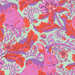 Fabric swatch with a colorful floral pattern featuring pink rabbits among vibrant plants and flowers on a mint background.