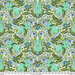 A repeating pattern featuring turquoise rabbits and blue flowers on a white background.