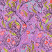 Fabric swatch with a repeating floral pattern featuring swirling vines in shades of pink, purple, and green.