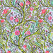 Fabric swatch with a floral pattern featuring swirling vines and colorful flowers on a light background.