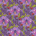 Fabric swatch repeating pattern of colorful flowers and birds on a purple background.