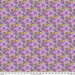 Repeating pattern of colorful flowers and birds on a purple background.