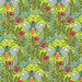 Fabric swatch with a vibrant, repeating pattern of colorful butterflies and foliage on a bright yellow background.