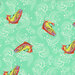 Fabric swatch with colorful rainbow trout and whimsical waves on a aqua green background.