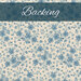 Swatch of a cream fabric with sprawling blue floral vines. A dark blue banner at the top reads 