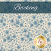 Swatch of a cream fabric with sprawling blue floral vines. A dark blue banner at the top reads 