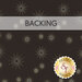 A swatch of black fabric with tossed gold metallic starbursts. A pale gray banner at the top reads 