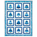 A blue and white quilt featuring twelve tree blocks framed with a stamp border isolated on a white background