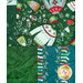 A patchwork of festive holiday-themed fabric patterns in shades of green, featuring sweaters and ornaments.