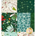 A patchwork fabric design featuring various festive patterns in greens, blues, and cream tones.