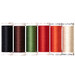 Six spools of thread in black, brown, green, red, orange, and cream arranged side by side on a white background