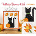 The October Tabletop Banner project, a patchwork black cat with a pumpkin and falling leaves.