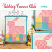 The April Tabletop Banner project, a pink bunny with multicolor patchwork squares in an Easter color palette.