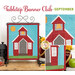 The September Tabletop Banner project, a red patchwork schoolhouse on a blue and sunny day.